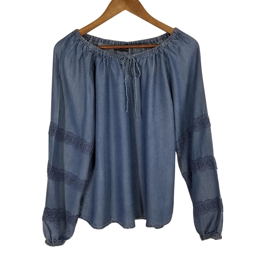 Alison Andrews Blue Lyocell‎ Crochet Lace Sleeve Peasant Boho Blouse Top M